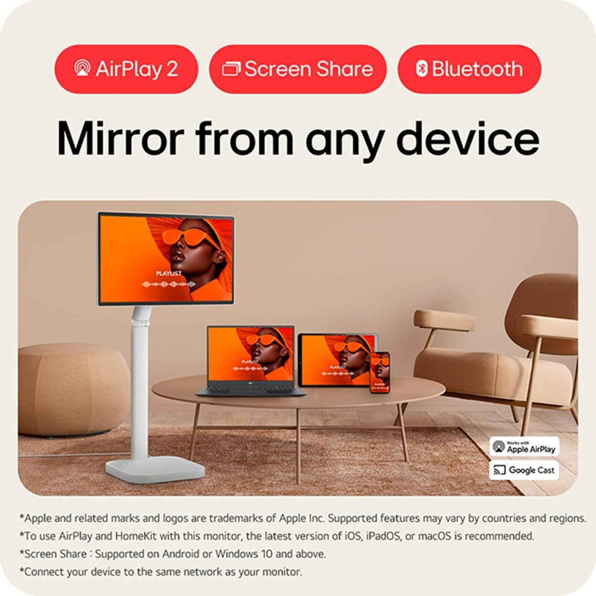 LG Monitor 32U889SA-W 31.5-inch 4K UHD IPS Smart Monitor Swing with Touchscreen, Rolling Stand