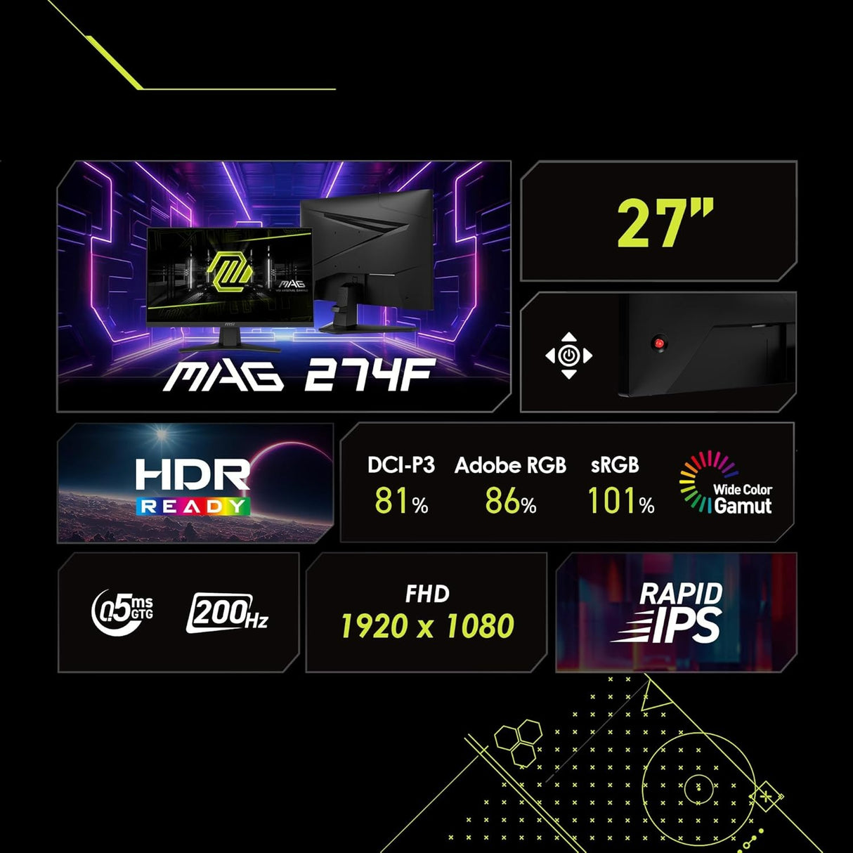 MSI MAG 274F Gaming Monitor - FHD Rapid IPS 200Hz 0.5ms (GTG, Min)