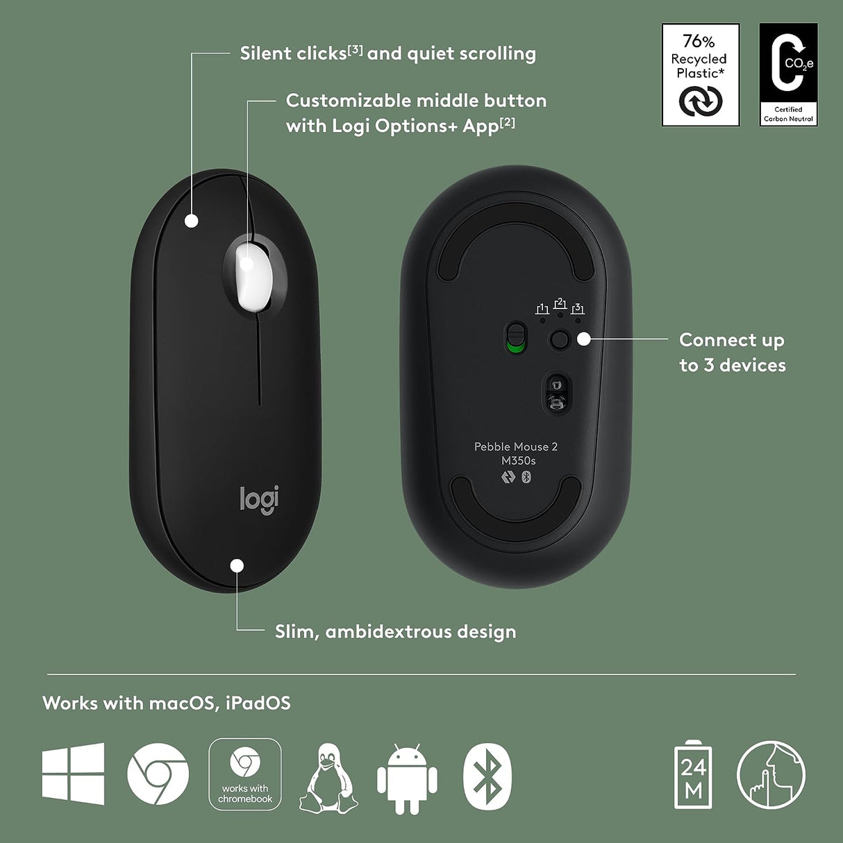 Logitech Pebble Mouse 2 M350s Slim Bluetooth Wireless Mouse