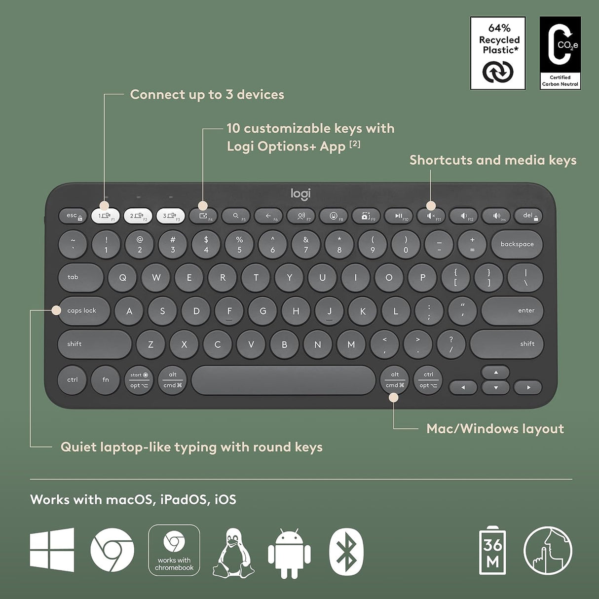 Logitech Pebble Keys 2 K380s Bluetooth Wireless Keyboard