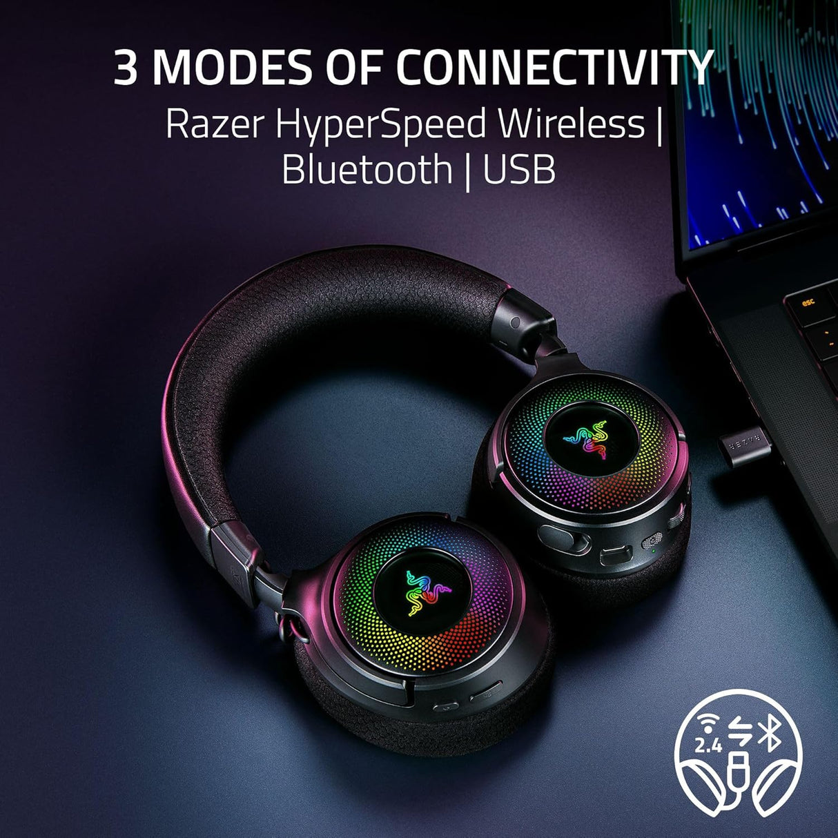 Razer Kraken V4 Wireless Gaming Headset: 2.4GHz, Bluetooth, USB - Super Wideband Mic - 40 mm Drivers - 9 Zone RGB Lighting