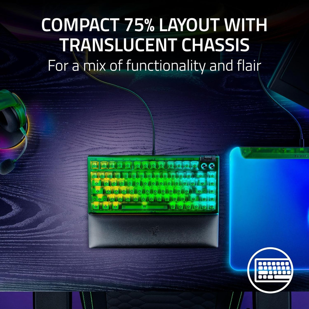 Razer BlackWidow V4 75% - US Layout Hot-swappable Mechanical Gaming Keyboard with Razer Chroma RGB - Phantom Green Edition