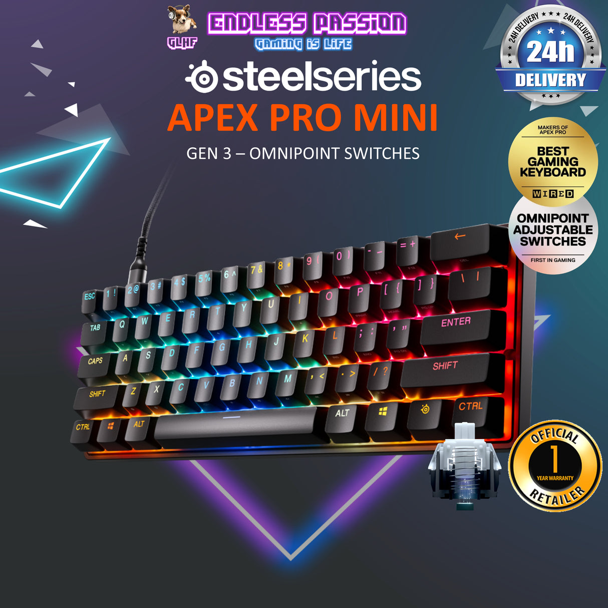 SteelSeries Apex Pro Mini Gen 3 Keyboard - OmniPoint 3.0 Adjustable HyperMagnetic switches