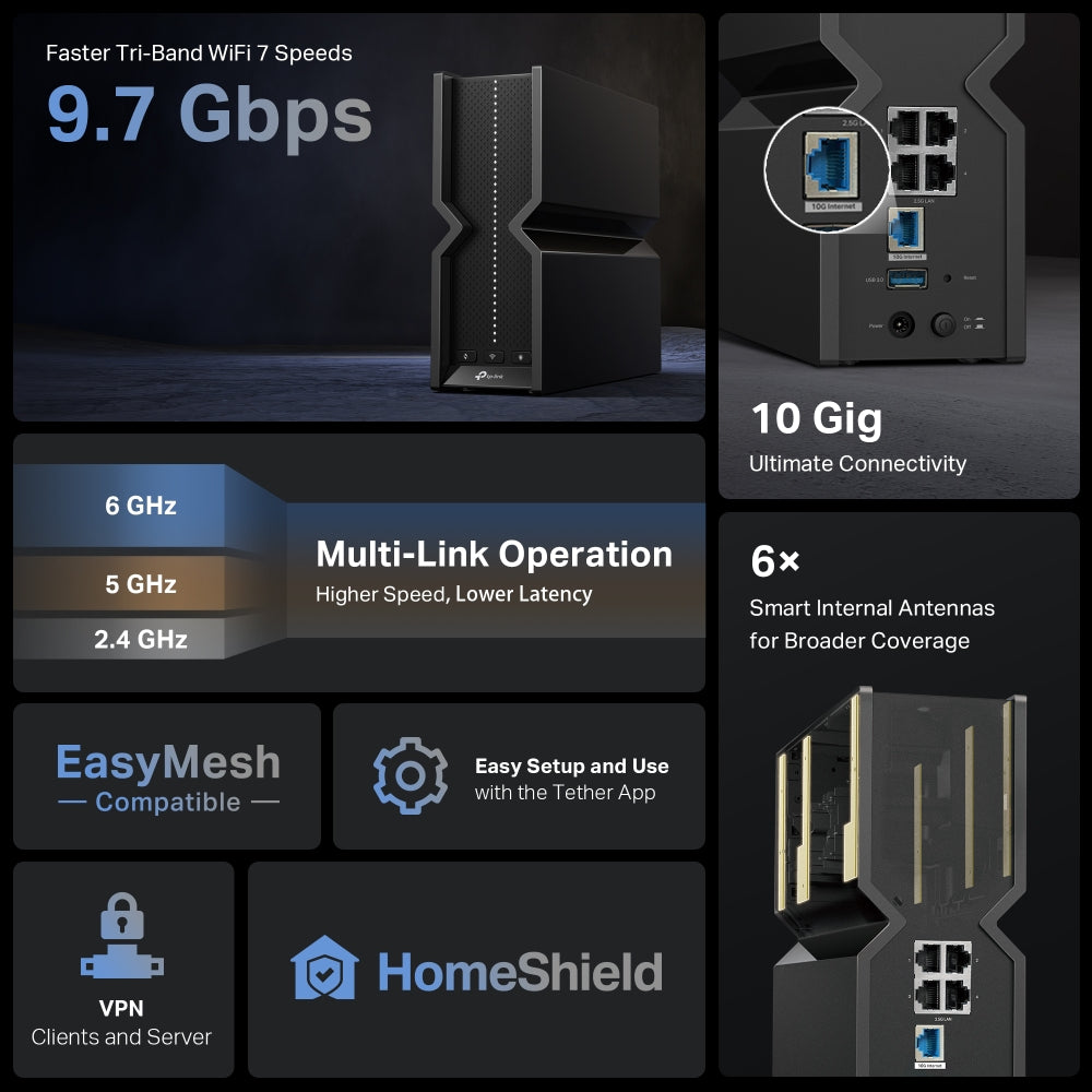 TP Link Archer BE550 Pro BE9700 Tri-Band Wi-Fi 7 Router