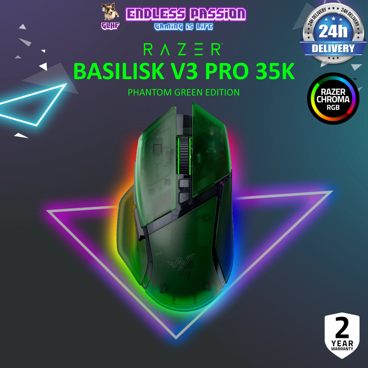 Razer Basilisk V3 Pro 35K Phantom Green Edition Customizable Ergonomic Gaming Mouse