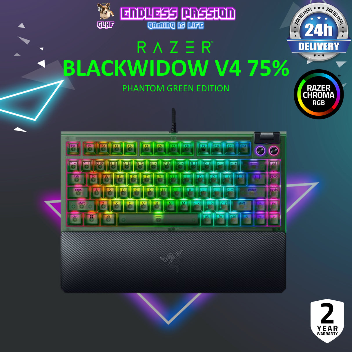 Razer BlackWidow V4 75% - US Layout Hot-swappable Mechanical Gaming Keyboard with Razer Chroma RGB - Phantom Green Edition