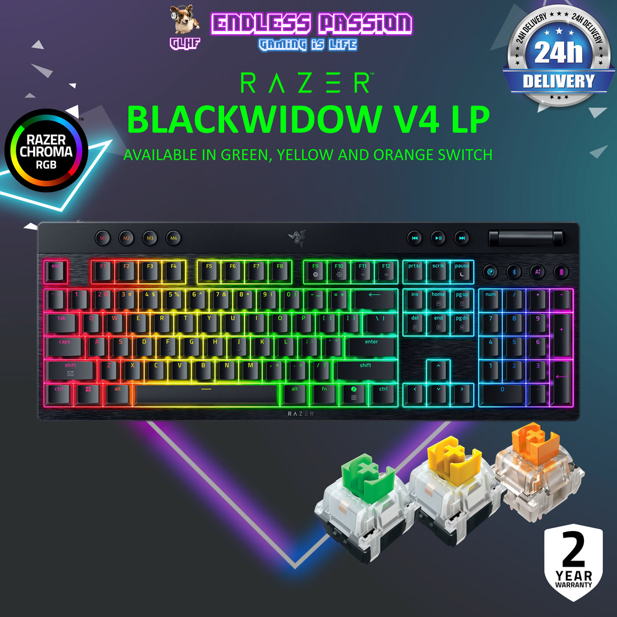 Razer BlackWidow V4 Low-Profile HyperSpeed – Full-Size Wireless Mechanical Gaming Keyboard