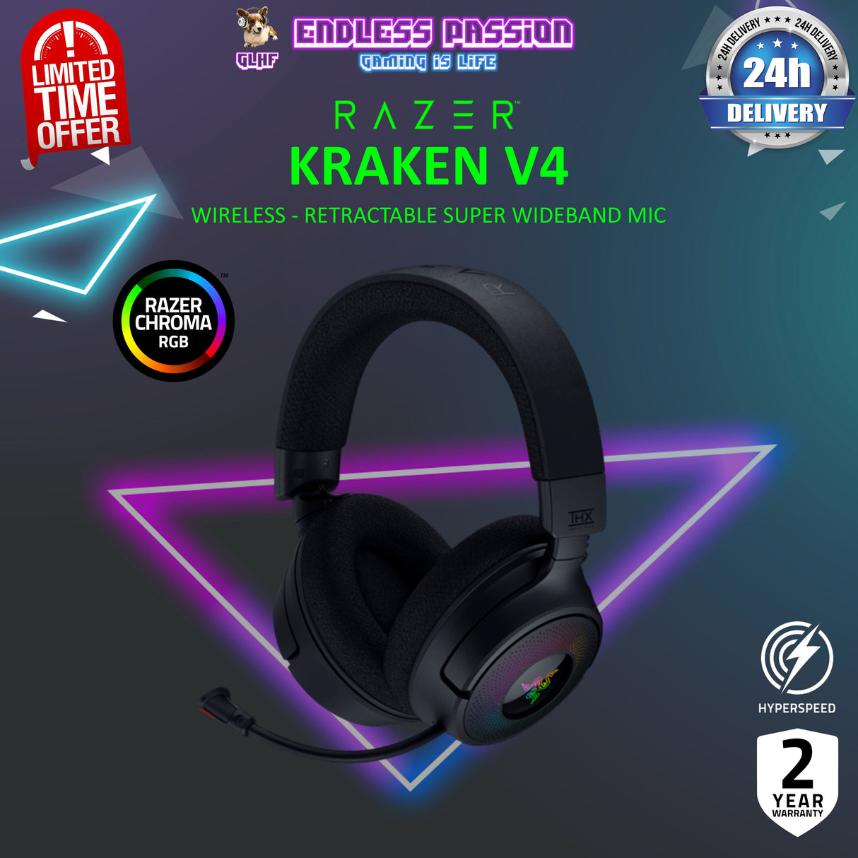 Razer Kraken V4 Wireless Gaming Headset: 2.4GHz, Bluetooth, USB - Super Wideband Mic - 40 mm Drivers - 9 Zone RGB Lighting