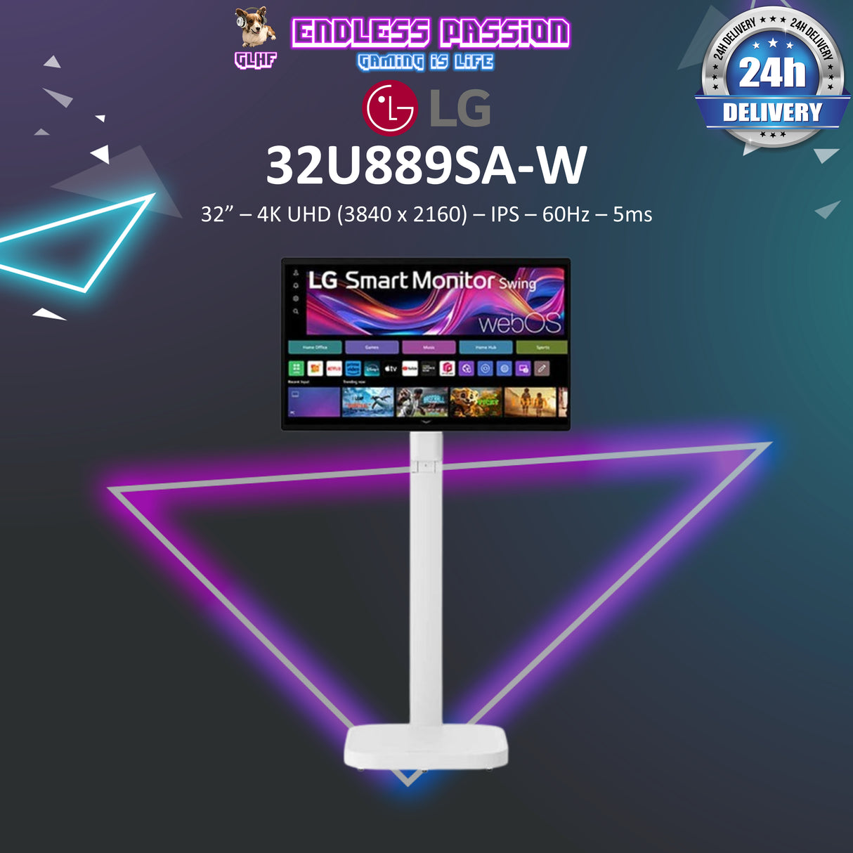 LG Monitor 32U889SA-W 31.5-inch 4K UHD IPS Smart Monitor Swing with Touchscreen, Rolling Stand