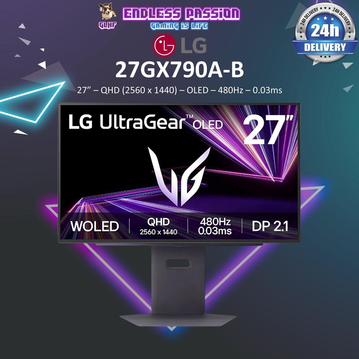 LG Monitor 27GX790A-B 27 Inch UltraGear OLED QHD 1440P 480Hz 0.03ms G-Sync® Compatible DisplayPort 2.1 Gaming Monitor