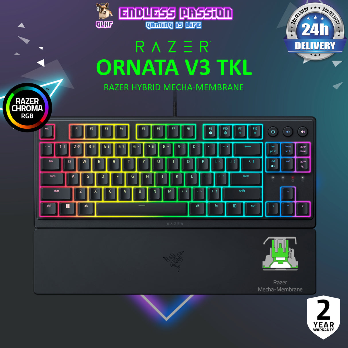 Razer Ornata V3 Tenkeyless - Low-profile RGB Tenkeyless Mecha-membrane RGB Keyboard - US Layout