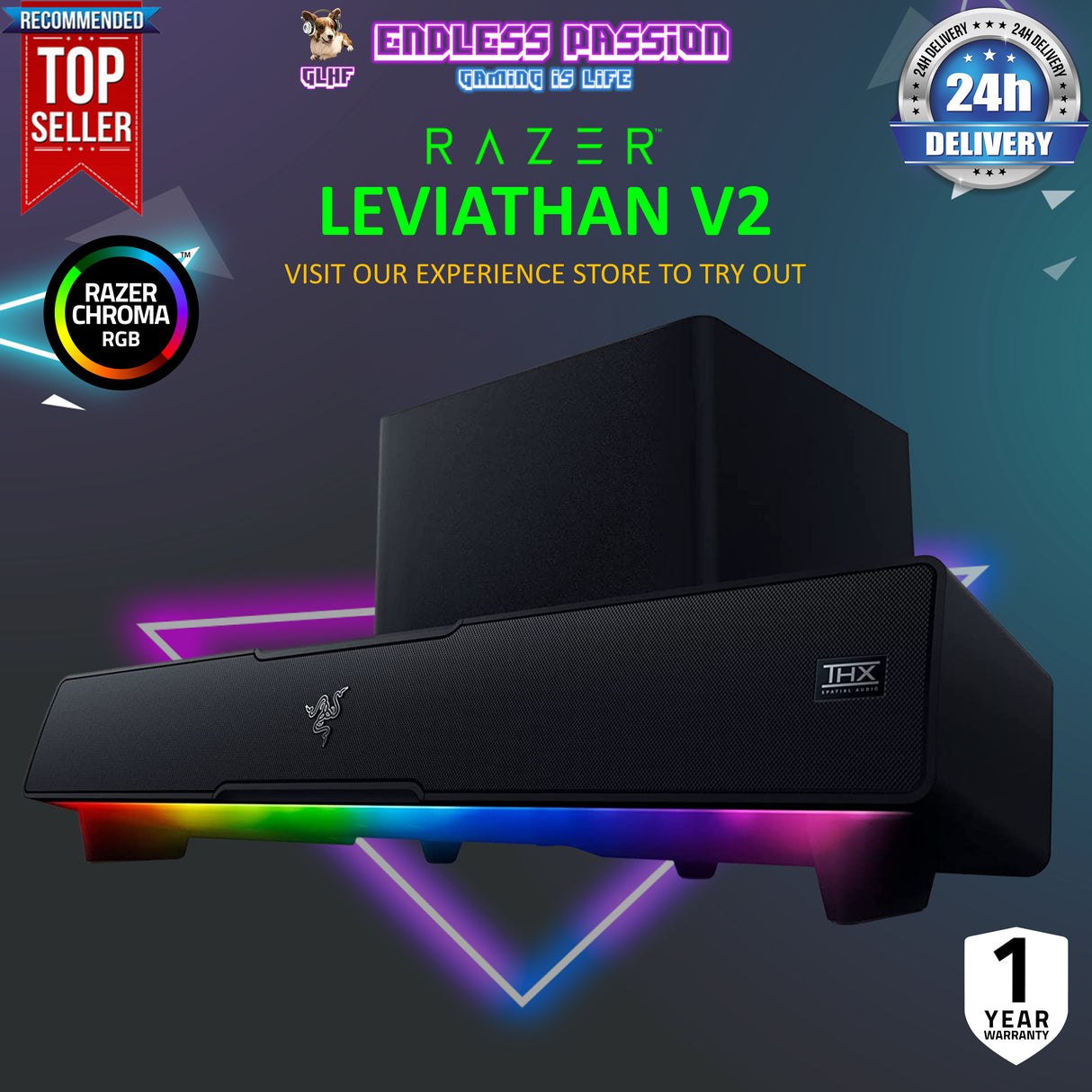 Razer Leviathan V2 — PC Gaming Soundbar with Subwoofer (Bluetooth 5.2 connection/USB Audio Input to PC)
