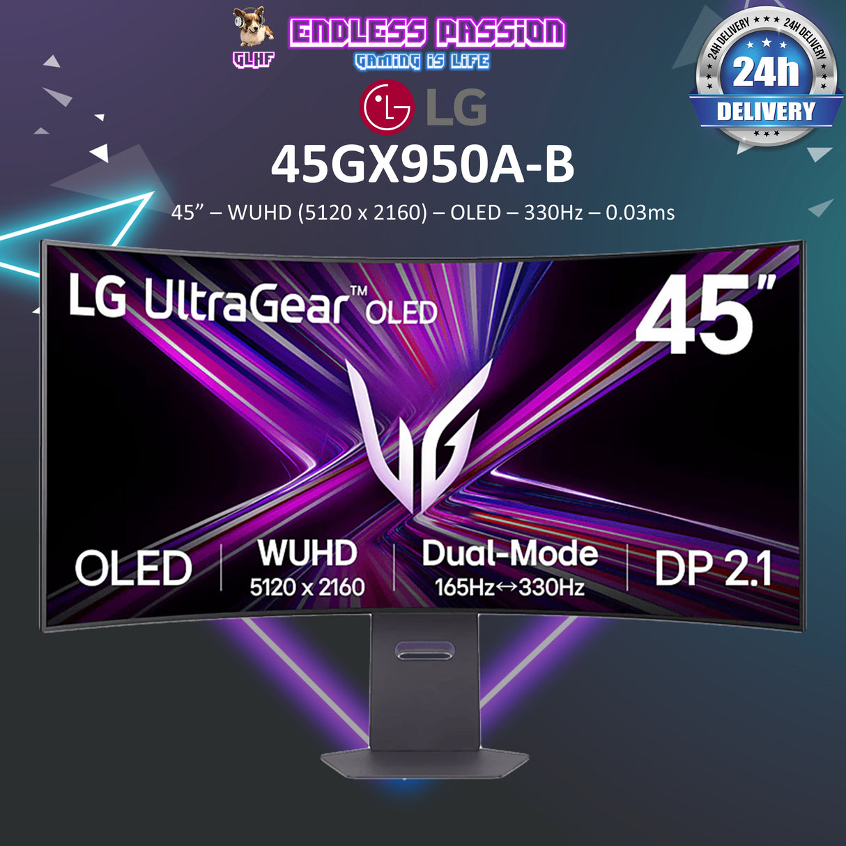 LG 45GX950A-B — 45" WUHD (5120 x 2160) OLED 165Hz Curved Gaming Monitor with 90W Type C PD