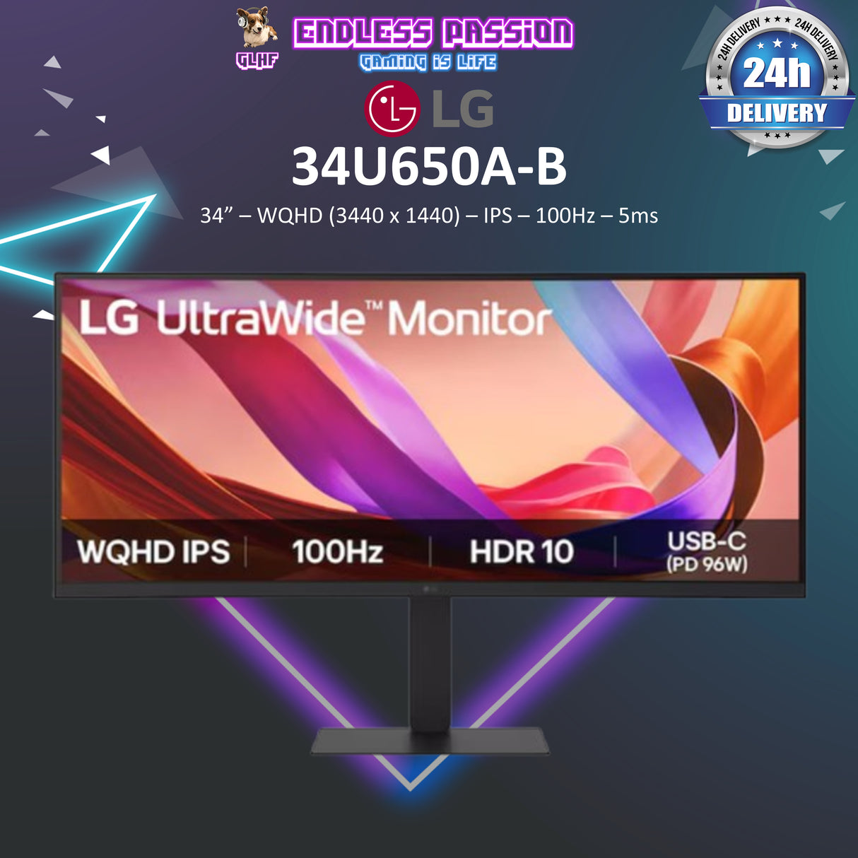 LG 34U650A-B — 34" WQHD (3440x1440) IPS 100Hz Curved Monitor with 96W Type C PD