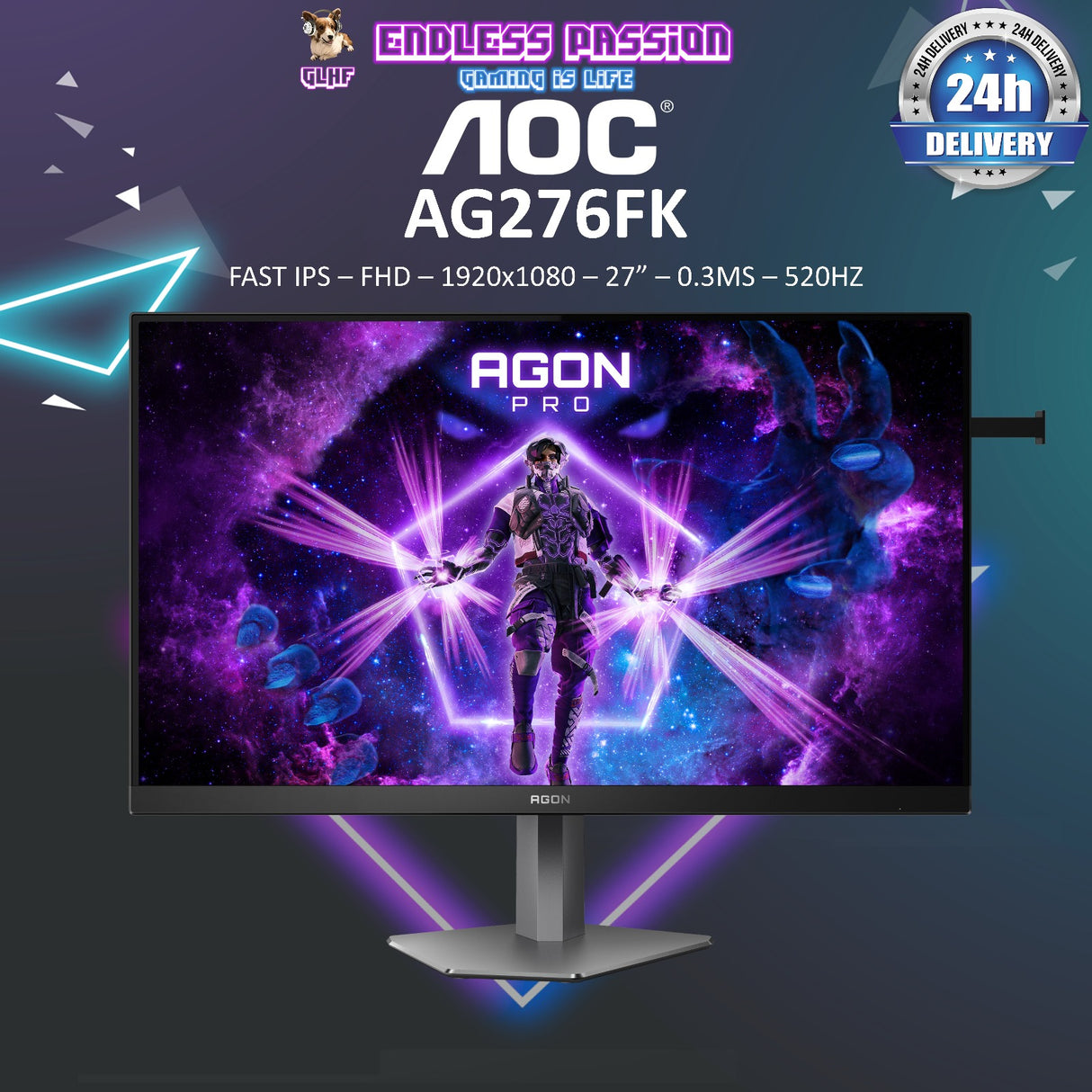 AOC AG276FK 27" Fast IPS 1920x1080 FHD 520HZ 0.3ms Gaming Monitor