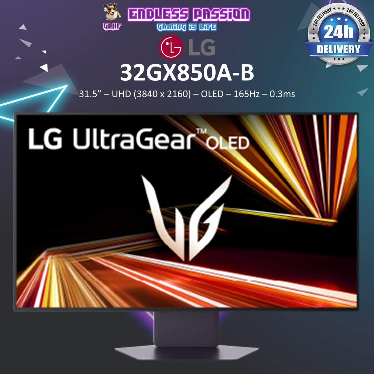 LG 32GX850A-B 32" UltraGear 4K UHD (3840 x 2160) Glossy OLED Gaming Monitor, Dual-Mode 165Hz/330Hz, 0.03ms