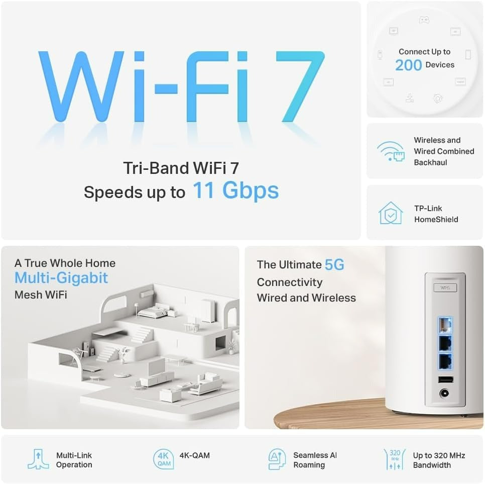 TP Link Deco BE65 Pro 2 Pack BE11000 Whole Home Mesh WiFi 7 System
