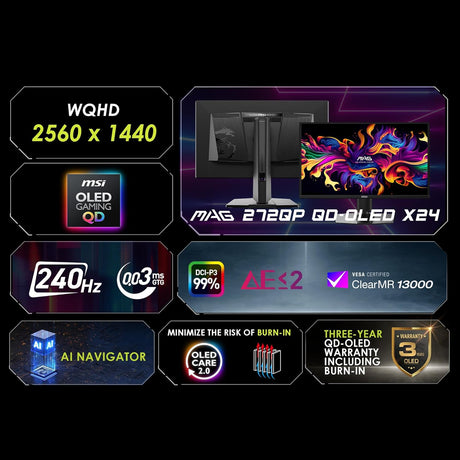 MSI MAG 272QP QD-OLED X24 27-inch QHD QD-OLED Gaming Monitor - 240Hz, Flat
