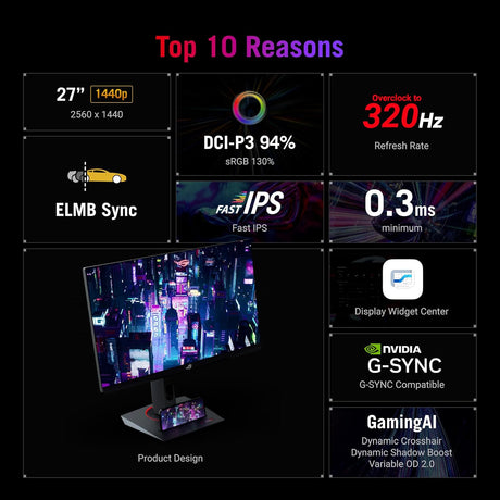 ASUS Gaming Monitor XG27ACMS - QHD - Fast IPS - 2560x1440 - 27" - 0.3ms - 320HZ(OC) - HDR