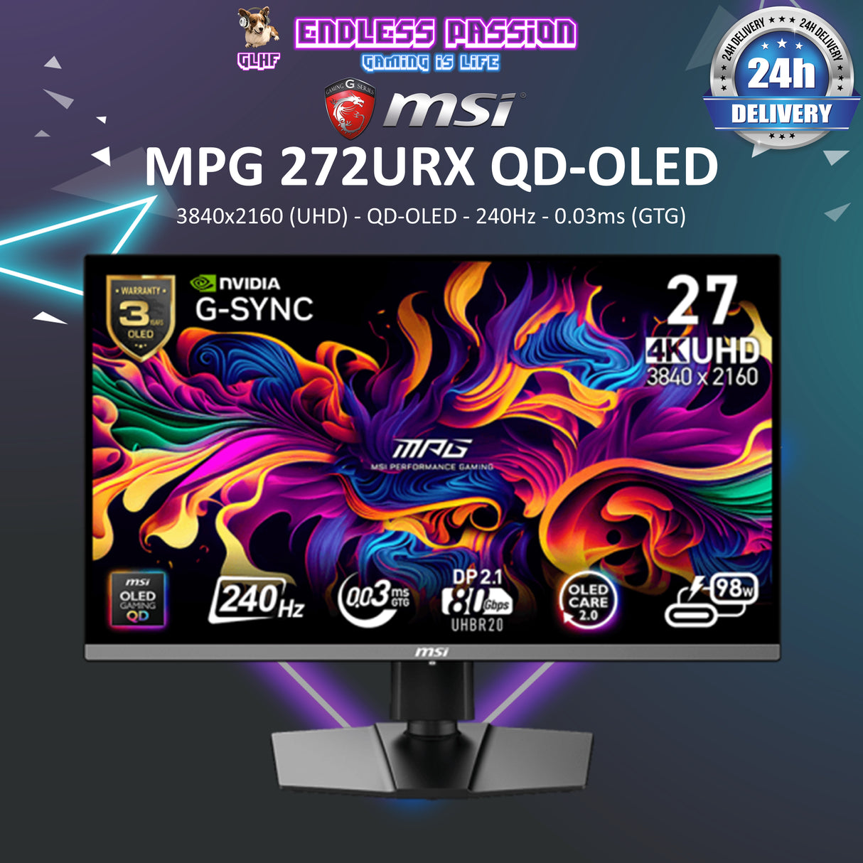MSI MPG 272URX QD-OLED Gaming Monitor - 27 Inch 240Hz 4K UHD 0.03ms
