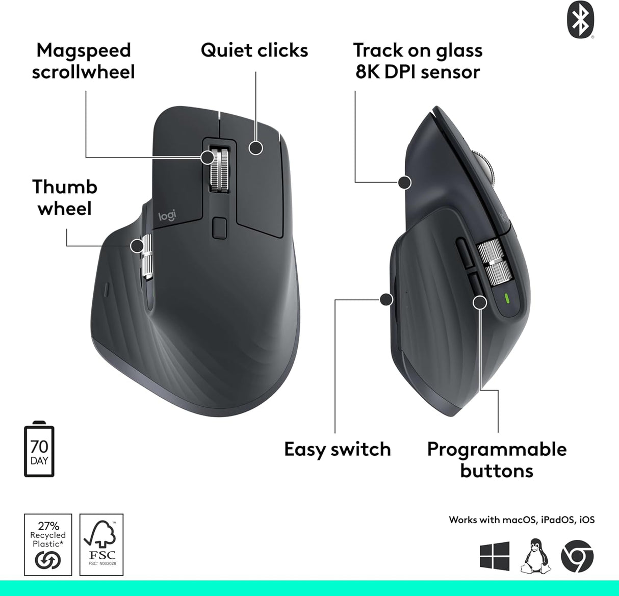 Logitech MX Master 3S Wireless Mouse Graphite - Bluetooth Edition