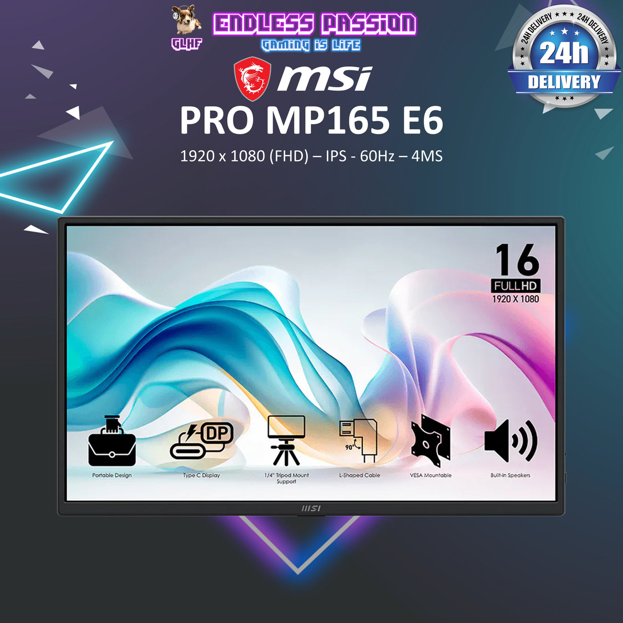 MSI PRO MP165 E6 15.6-inch FHD IPS Portable Monitor – USB-C, Flat