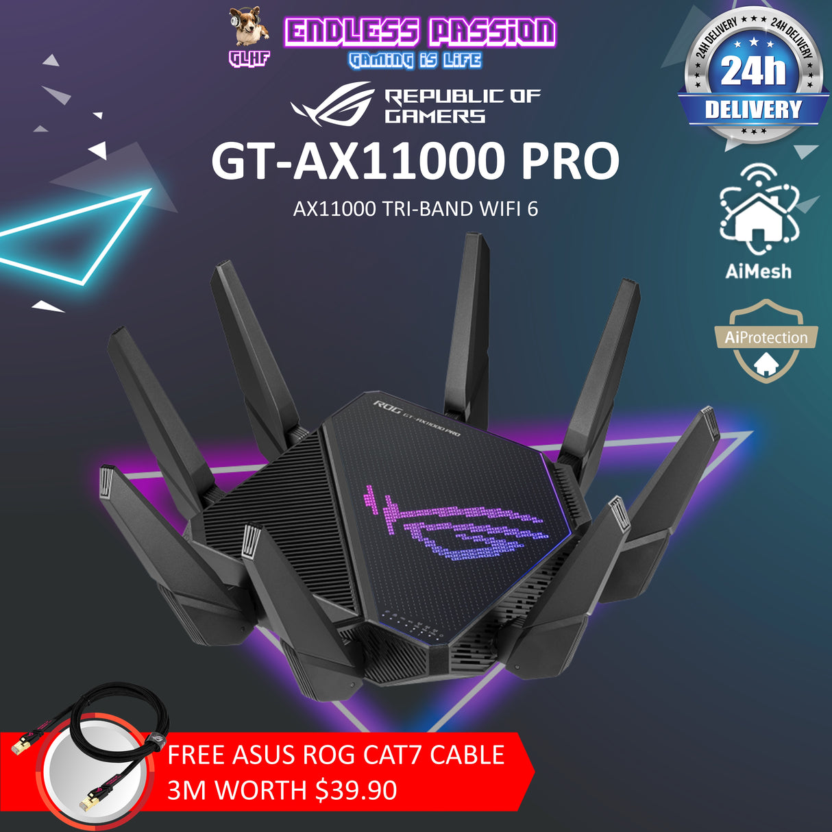 Asus ROG Rapture GT-AX11000 Pro Tri-Band WiFi 6 (802.11ax) Extendable Gaming Router