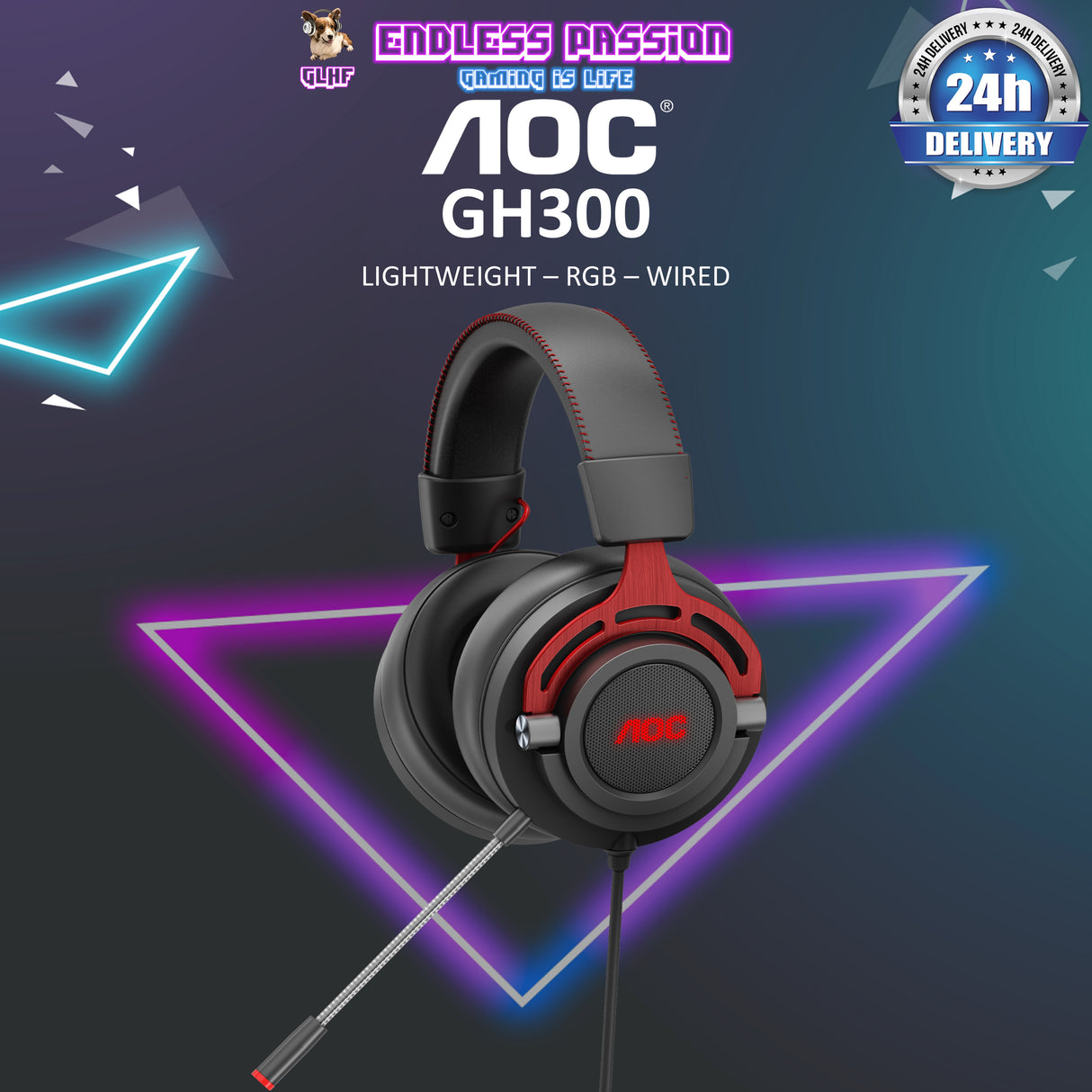 AOC GH300 USB Gaming Headset with RGB, Detachable Microphone, 50mm Drivers and 7.1 Virtual Surround Sound