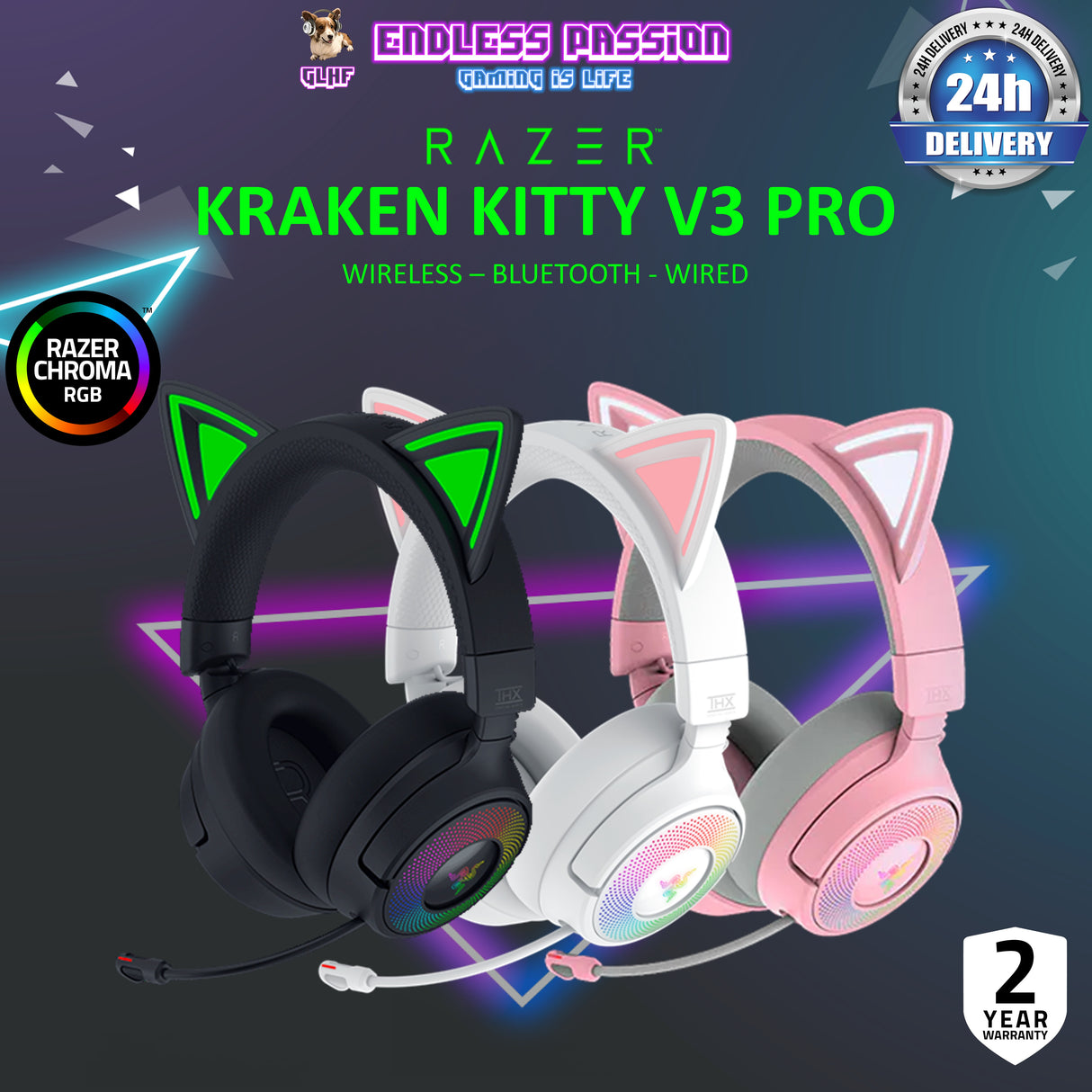 Razer Kraken Kitty V3 Pro - Wireless RGB Headset with Kitty Ears