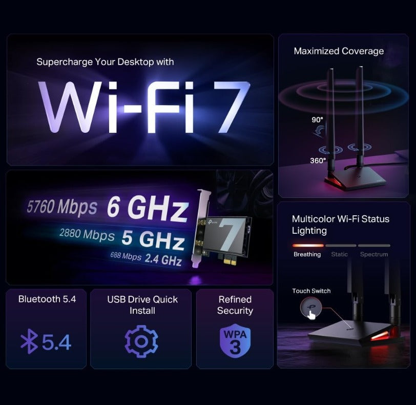 TP-LINK Archer TBE550E BE9300 Wi-Fi 7 Bluetooth 5.4 PCIe Adapter