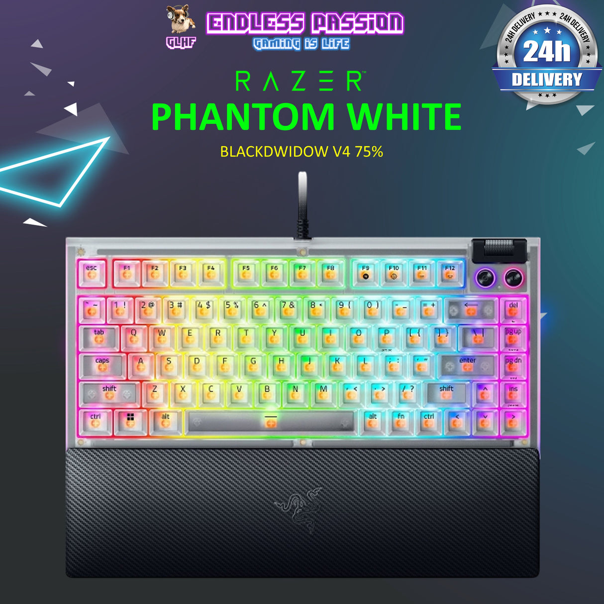 Razer BlackWidow V4 75% Mechanical Gaming Keyboard - Razer Orange Tactile Switches -Phantom White EDITION