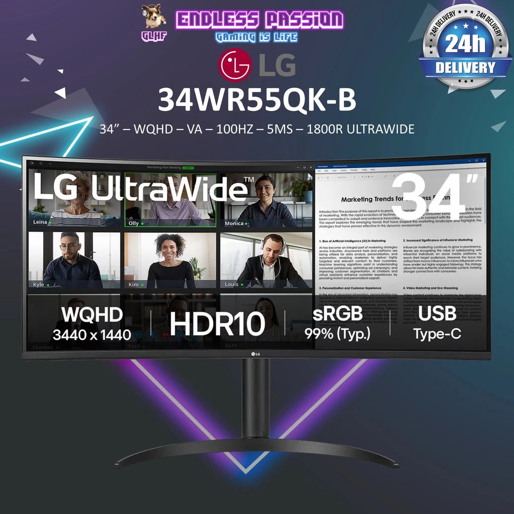 LG 34WR55QK-B — 34" WQHD VA 100Hz Curved Monitor with 65W Type C PD
