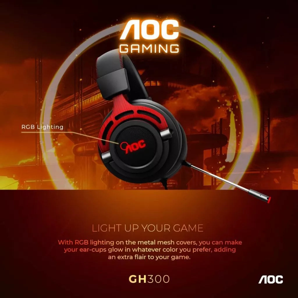 AOC GH300 USB Gaming Headset with RGB, Detachable Microphone, 50mm Drivers and 7.1 Virtual Surround Sound