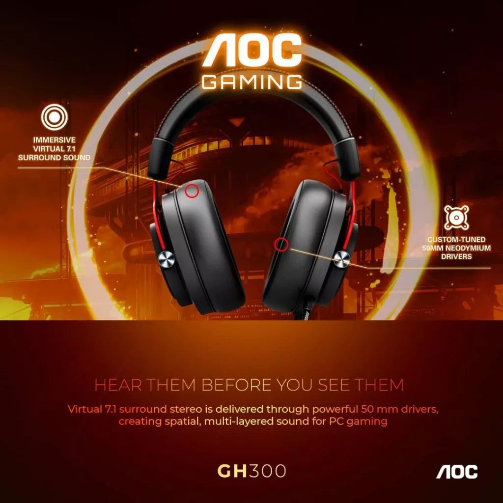 AOC GH300 USB Gaming Headset with RGB, Detachable Microphone, 50mm Drivers and 7.1 Virtual Surround Sound