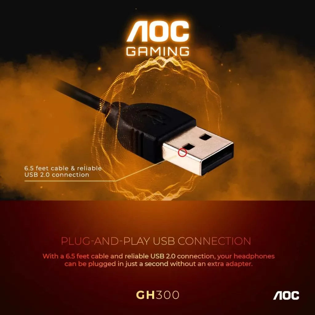 AOC GH300 USB Gaming Headset with RGB, Detachable Microphone, 50mm Drivers and 7.1 Virtual Surround Sound