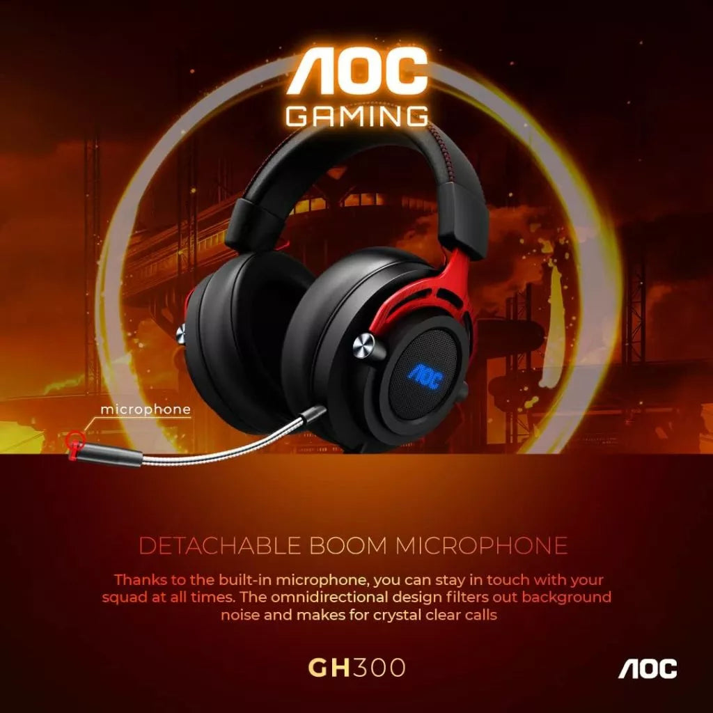 AOC GH300 USB Gaming Headset with RGB, Detachable Microphone, 50mm Drivers and 7.1 Virtual Surround Sound